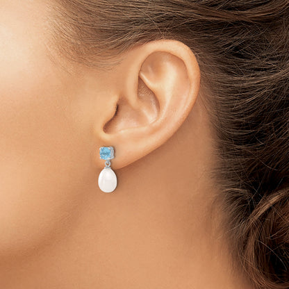 Sterling Silver Rhodium-plated 7-8mm White Teardrop Freshwater Cultured Pearl and 1.30BT Blue Topaz Post Dangle Earrings