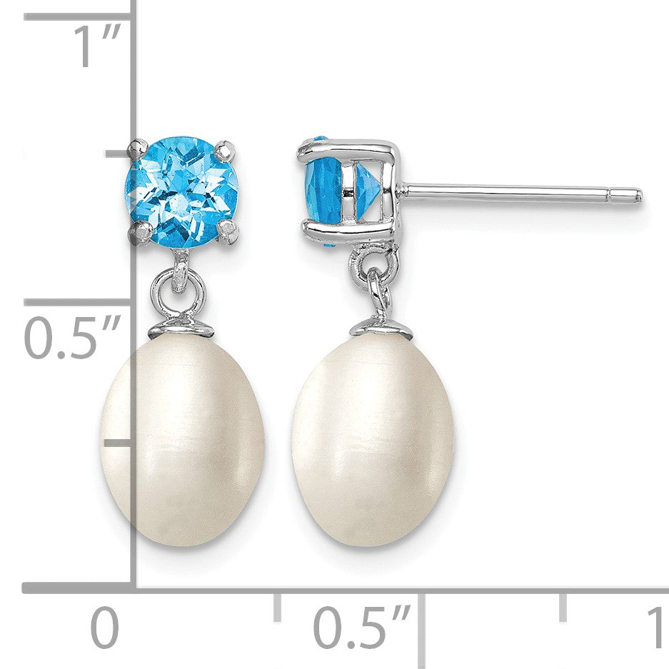 Sterling Silver Rhodium-plated 7-8mm White Teardrop Freshwater Cultured Pearl and 1.30BT Blue Topaz Post Dangle Earrings