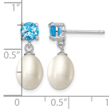 Sterling Silver Rhodium-plated 7-8mm White Teardrop Freshwater Cultured Pearl and 1.30BT Blue Topaz Post Dangle Earrings