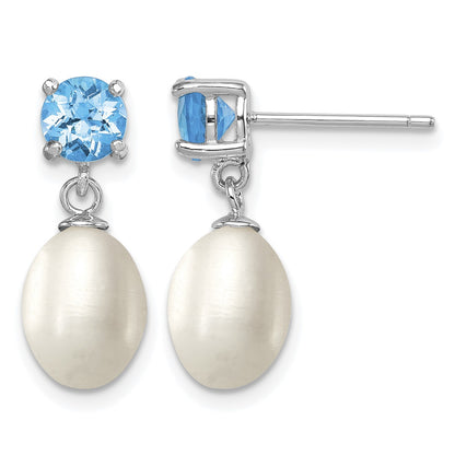 Sterling Silver Rhodium-plated 7-8mm White Teardrop Freshwater Cultured Pearl and 1.30BT Blue Topaz Post Dangle Earrings