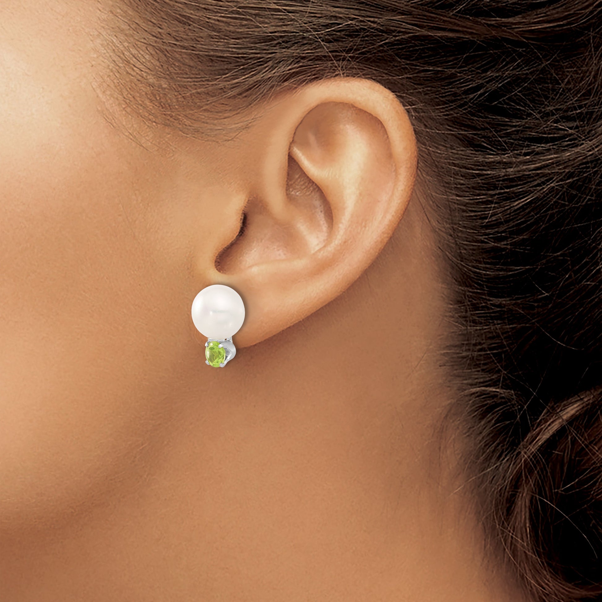 Sterling Silver Rhodium-plate 10-11mm FWC Button Pearl Peridot Earrings