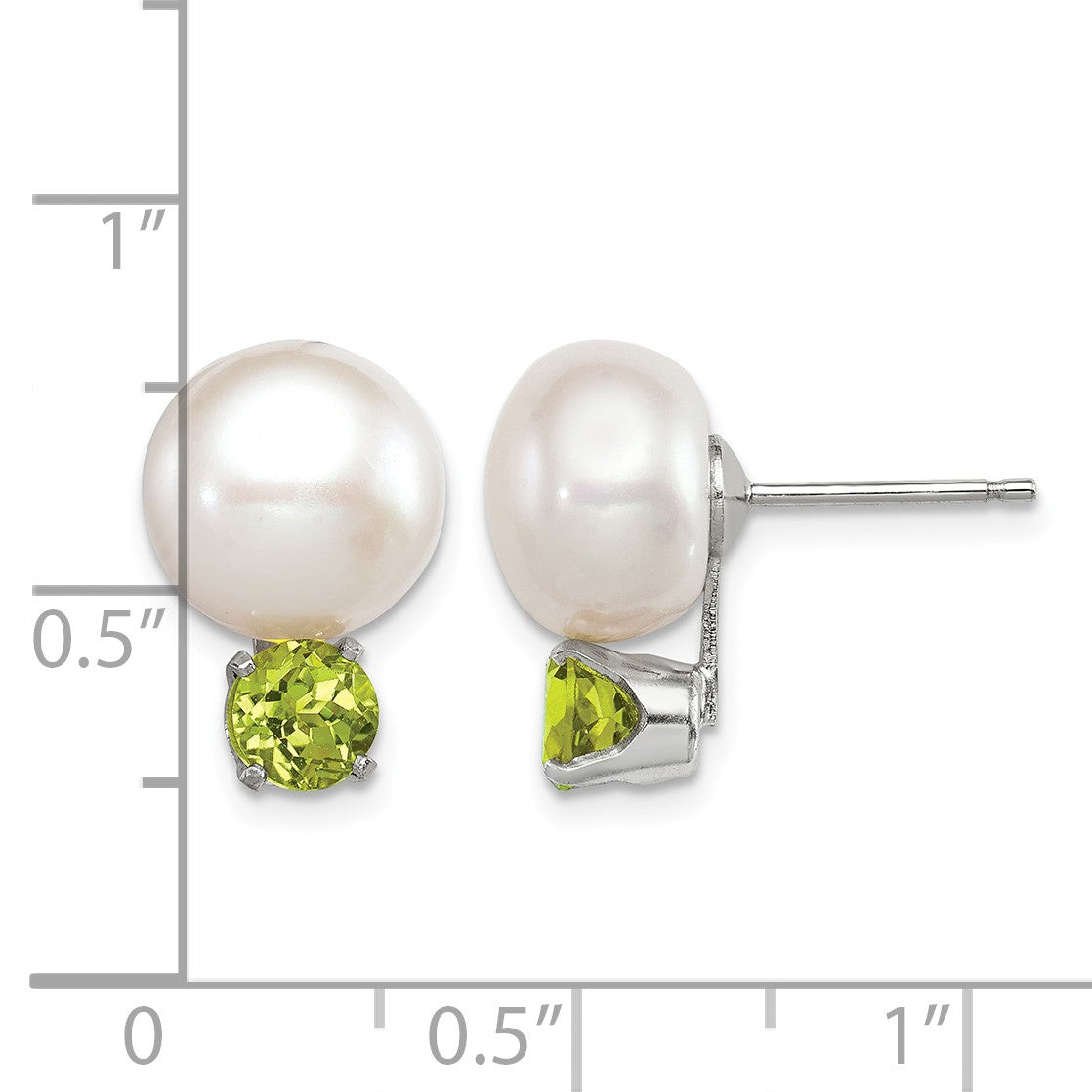 Sterling Silver Rhodium-plate 10-11mm FWC Button Pearl Peridot Earrings