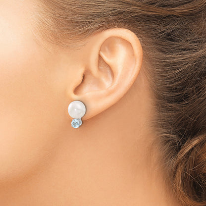 Sterling Silver Rhodium-pltd 10-11mm FWC Button Pearl Blue Topaz Earrings