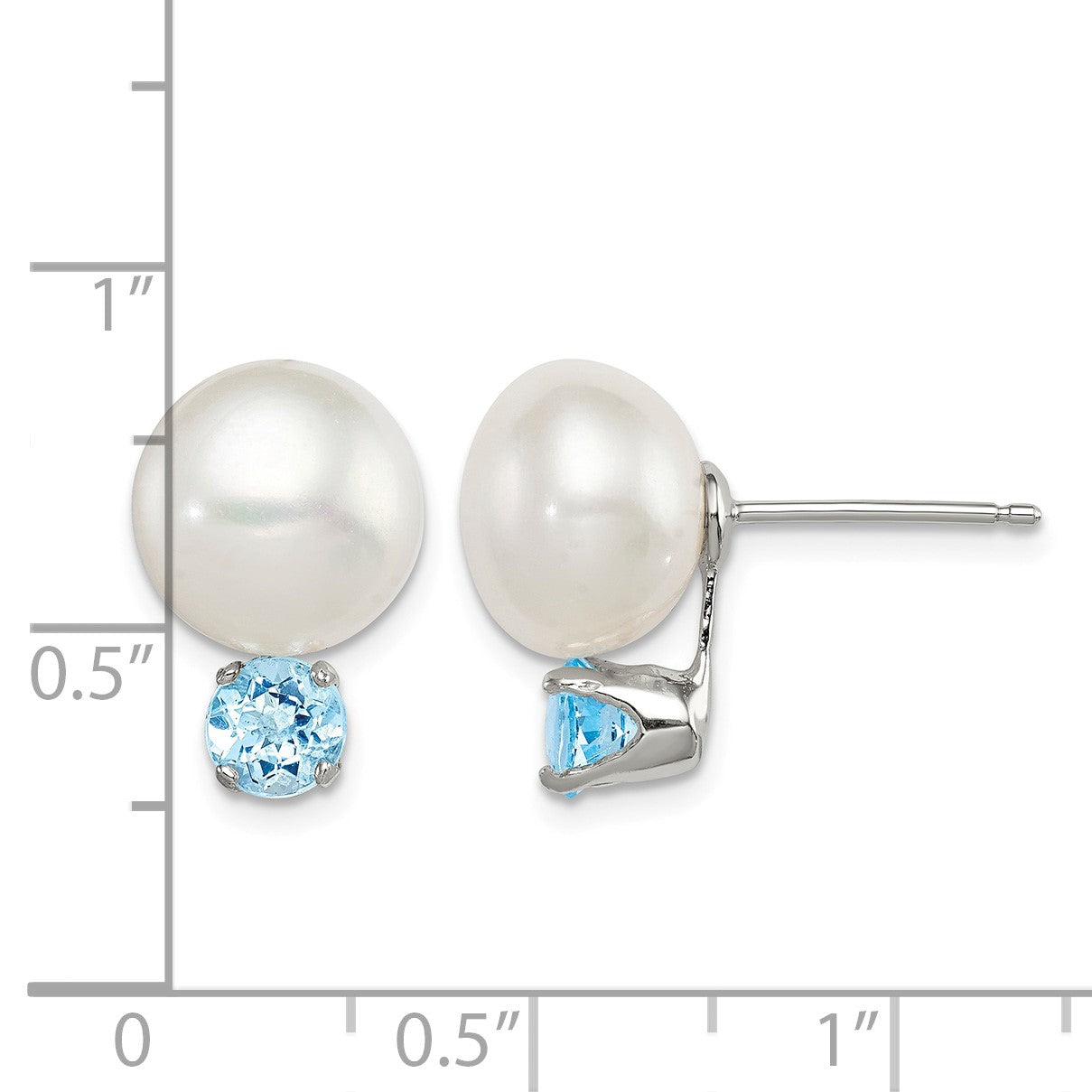 Sterling Silver Rhodium-pltd 10-11mm FWC Button Pearl Blue Topaz Earrings