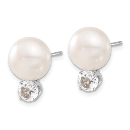 Sterling Silver Rhodium-plate 10-11mm FWC Button Pearl White Topaz Earrings