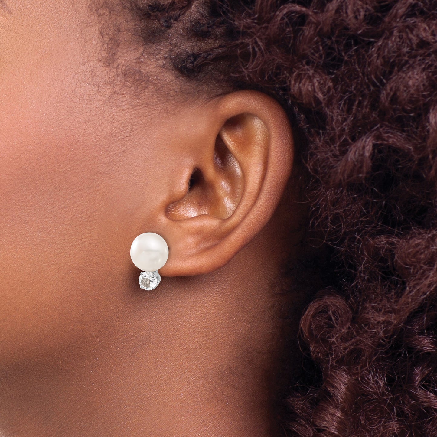 Sterling Silver Rhodium-plate 10-11mm FWC Button Pearl White Topaz Earrings
