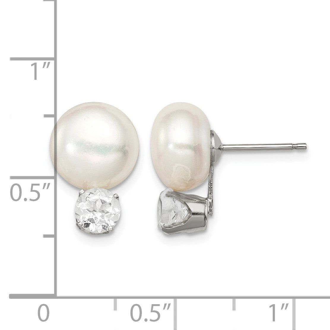 Sterling Silver Rhodium-plate 10-11mm FWC Button Pearl White Topaz Earrings