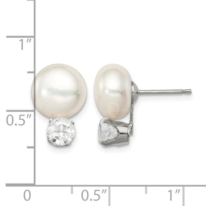 Sterling Silver Rhodium-plate 10-11mm FWC Button Pearl White Topaz Earrings