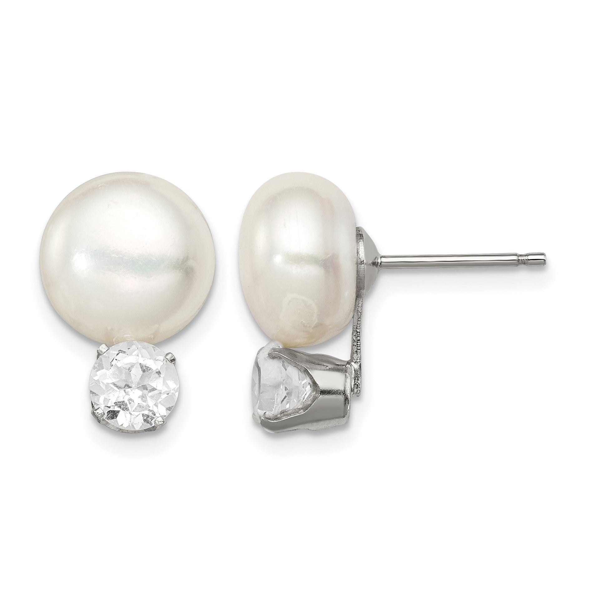 Sterling Silver Rhodium-plate 10-11mm FWC Button Pearl White Topaz Earrings