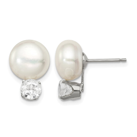 Sterling Silver Rhodium-plate 10-11mm FWC Button Pearl White Topaz Earrings