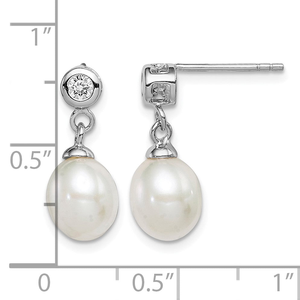 Sterling Silver Rhodium-plated 7-8mm White Rice Freshwater Cultured Pearl and CZ Post Dangle Earrings
