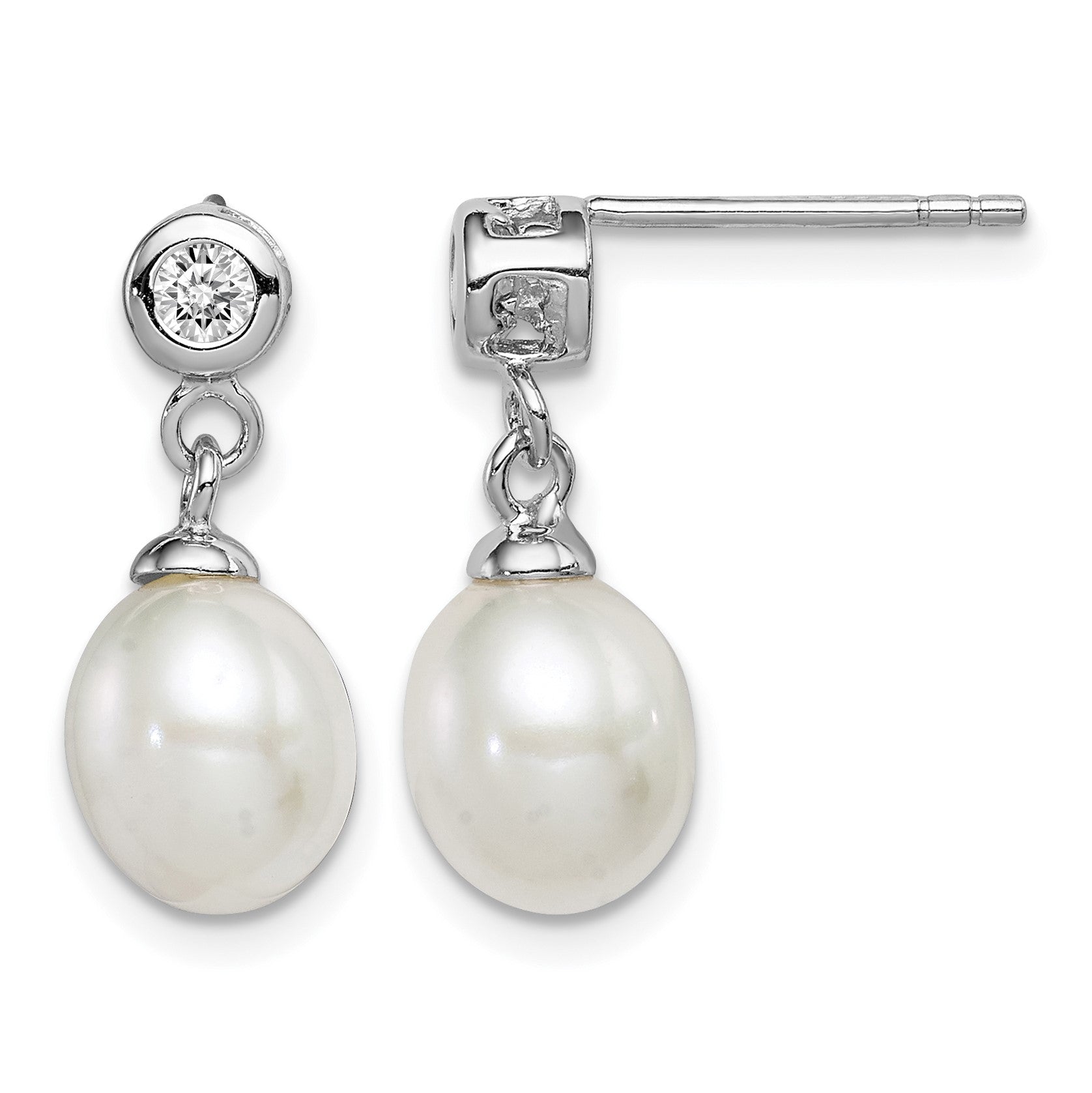 Sterling Silver Rhodium-plated 7-8mm White Rice Freshwater Cultured Pearl and CZ Post Dangle Earrings