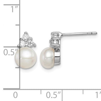 Sterling Silver Rhodium-plated 6-7mm White Button Freshwater Cultured Pearl and CZ Post Earrings