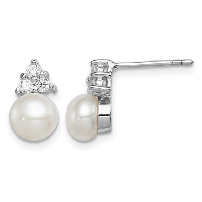 Sterling Silver Rhodium-plated 6-7mm White Button Freshwater Cultured Pearl and CZ Post Earrings