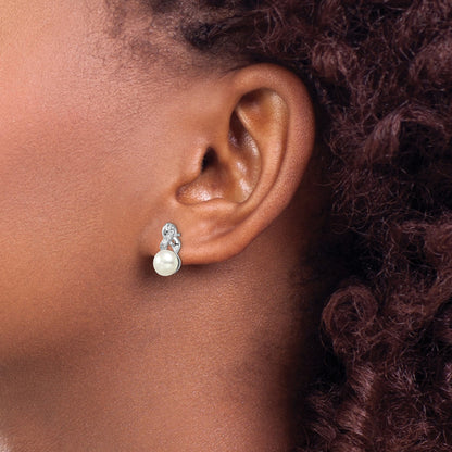 Sterling Silver Rhodium-plated 6-7mm White Button Freshwater Cultured Pearl and CZ Post Earrings