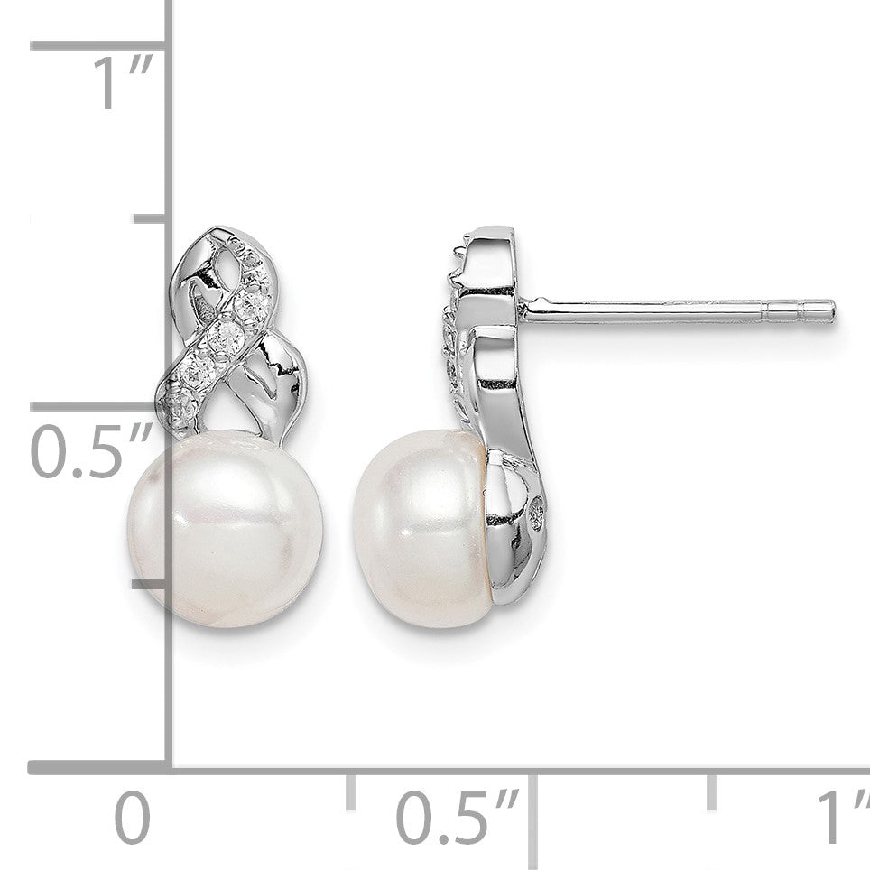Sterling Silver Rhodium-plated 6-7mm White Button Freshwater Cultured Pearl and CZ Post Earrings