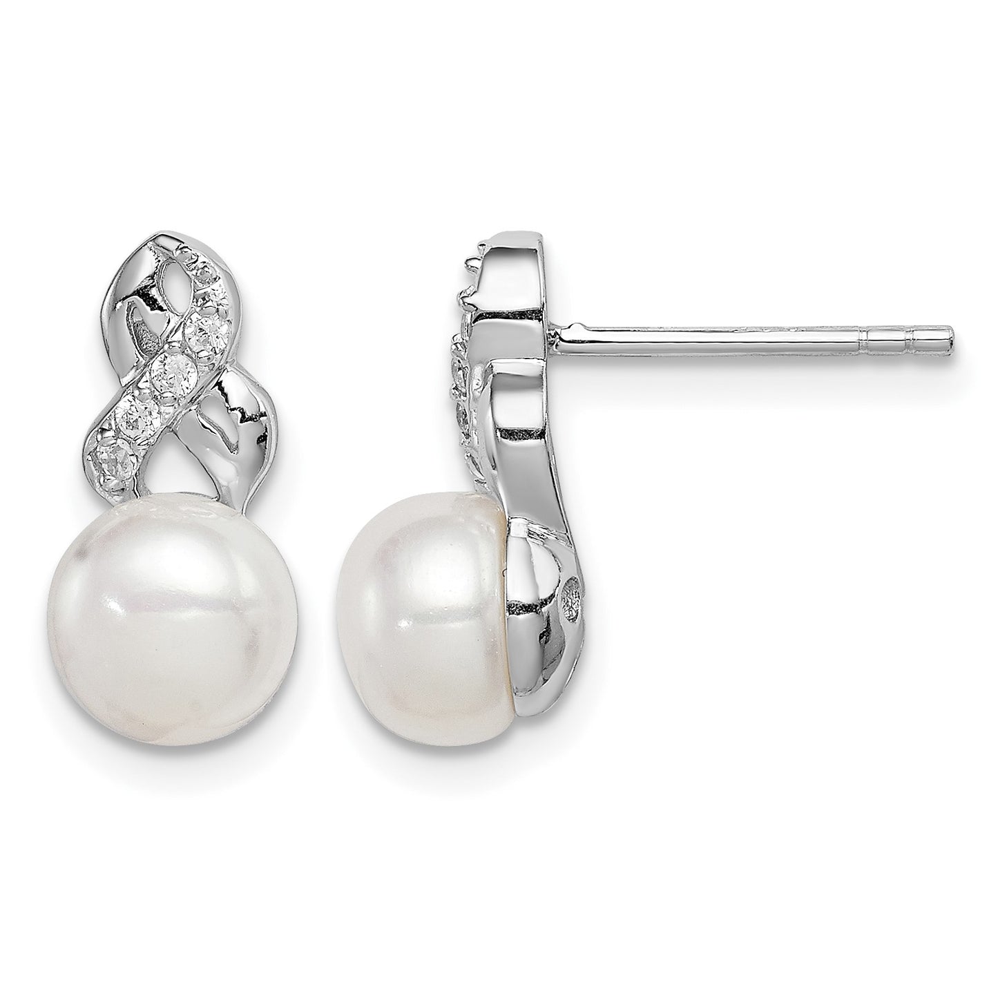 Sterling Silver Rhodium-plated 6-7mm White Button Freshwater Cultured Pearl and CZ Post Earrings