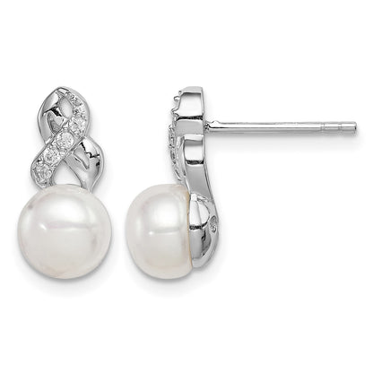 Sterling Silver Rhodium-plated 6-7mm White Button Freshwater Cultured Pearl and CZ Post Earrings