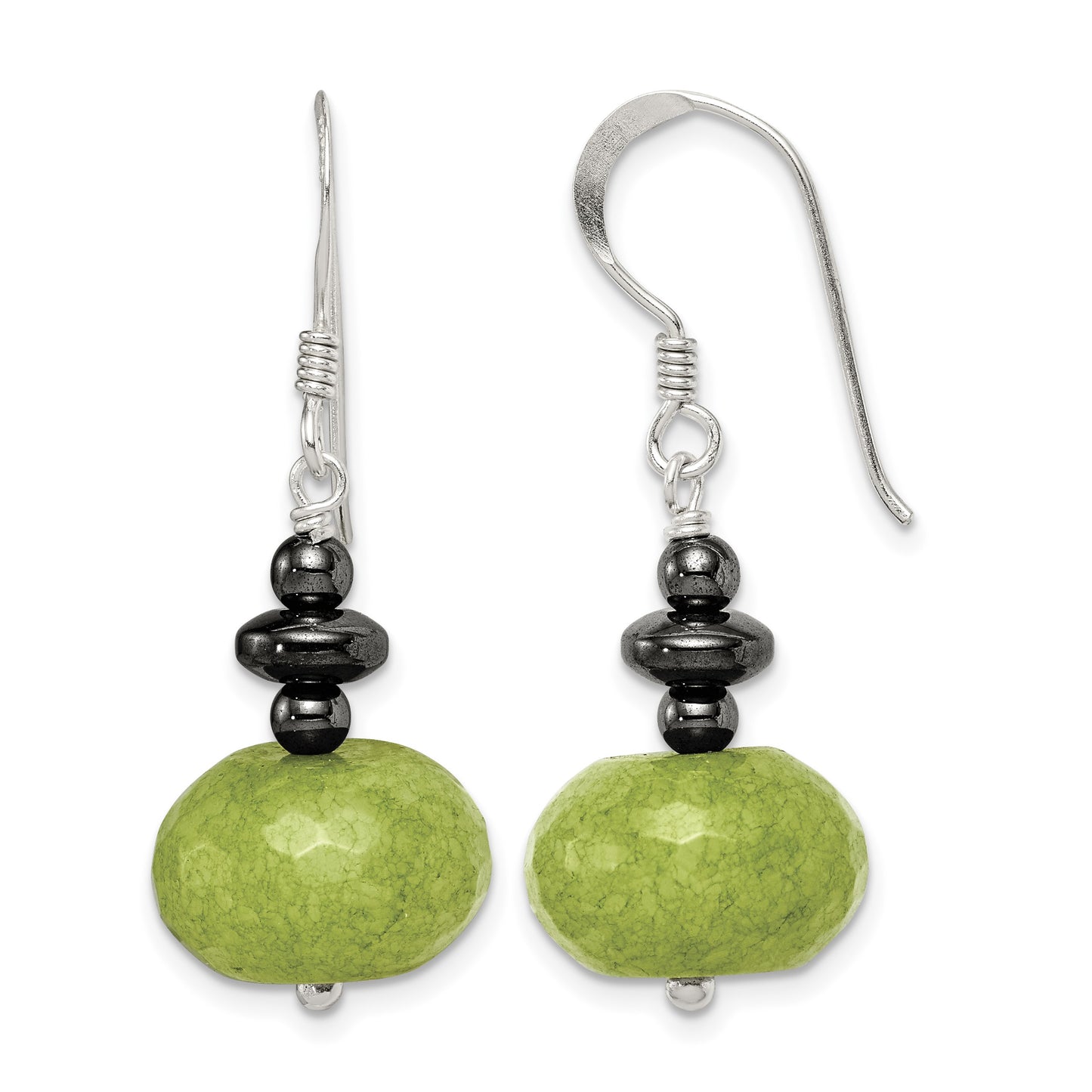 Sterling Silver Polished Green Jade & Hematite Dangle Earrings