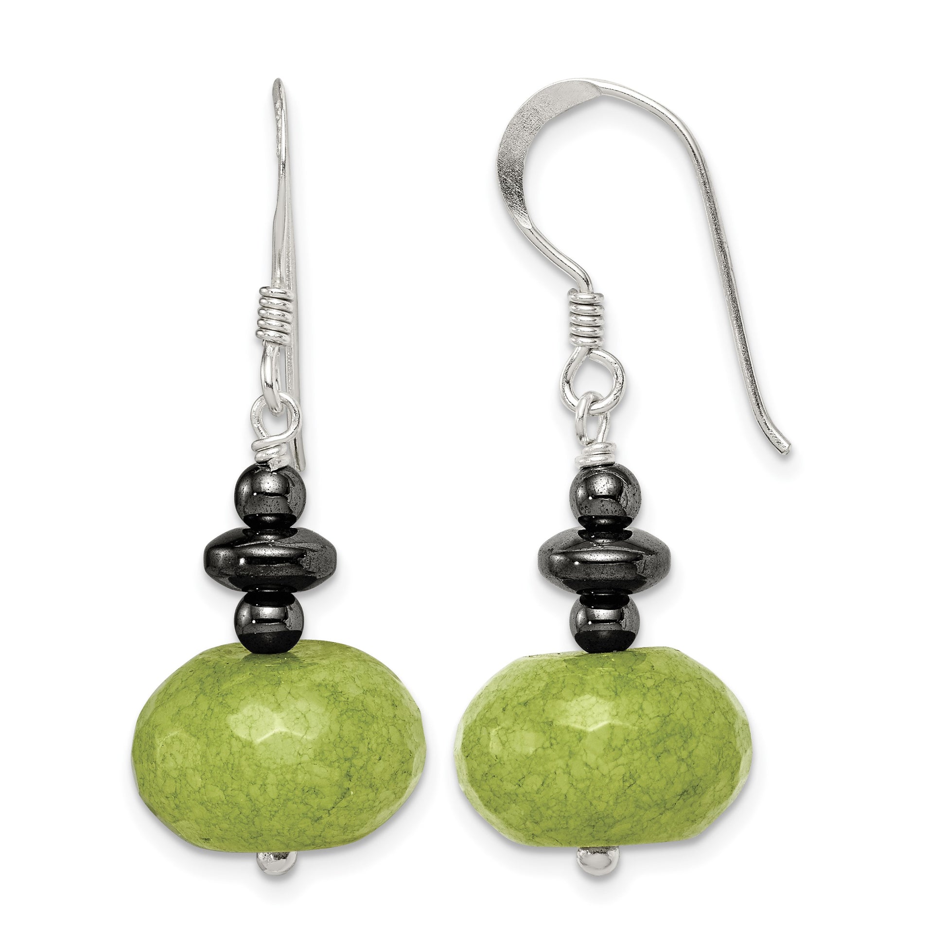 Sterling Silver Polished Green Jade & Hematite Dangle Earrings