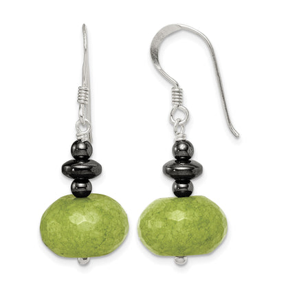 Sterling Silver Polished Green Jade & Hematite Dangle Earrings