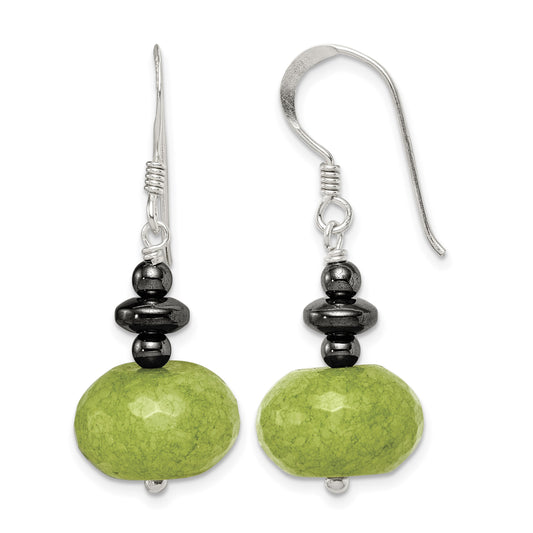 Sterling Silver Polished Green Jade & Hematite Dangle Earrings