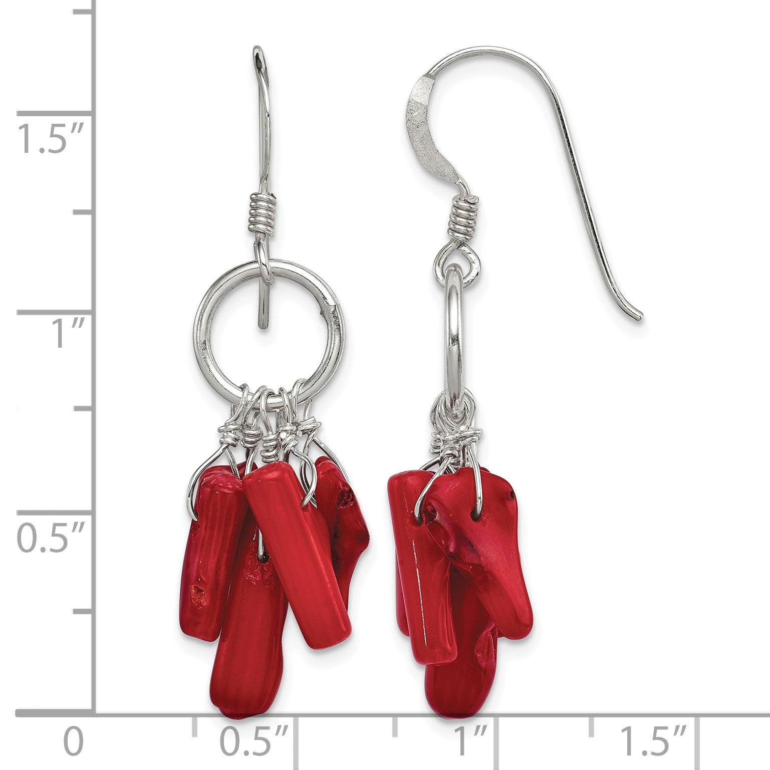 Sterling Silver Polished Red Coral & Circle Dangle Earrings
