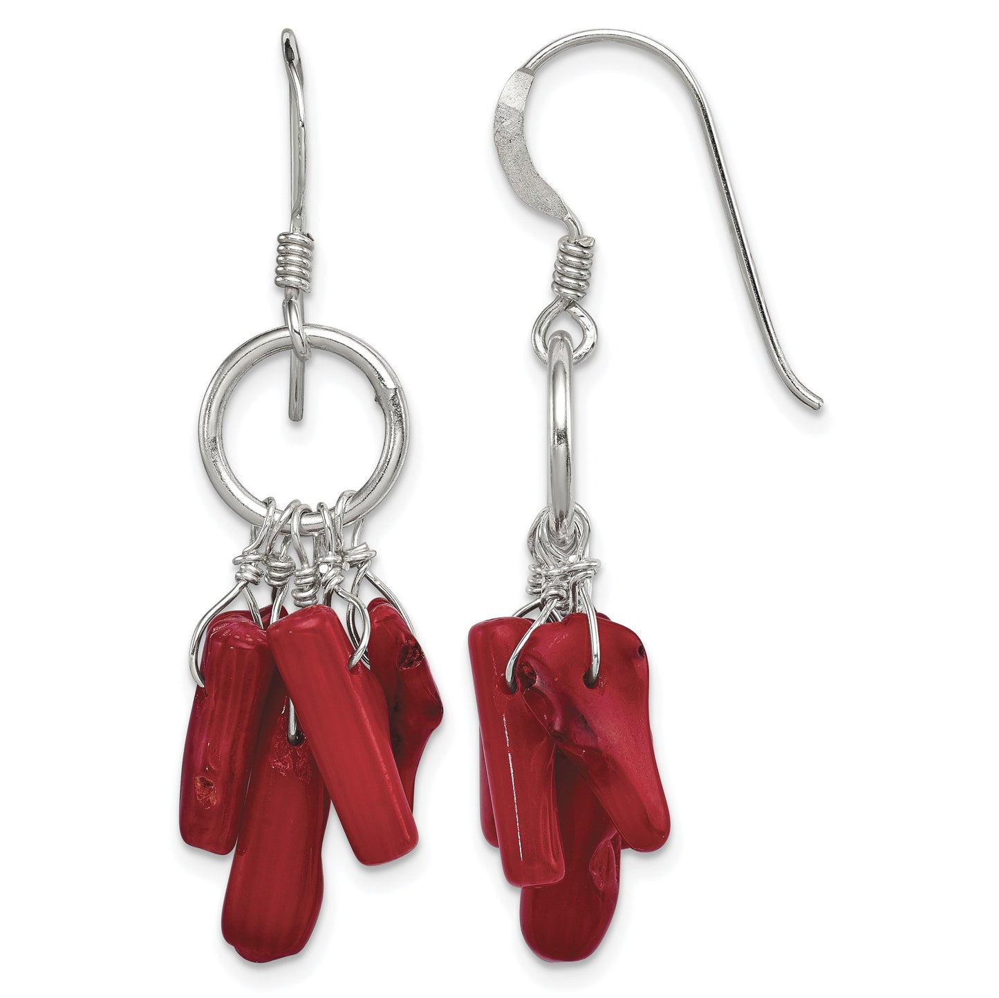 Sterling Silver Polished Red Coral & Circle Dangle Earrings