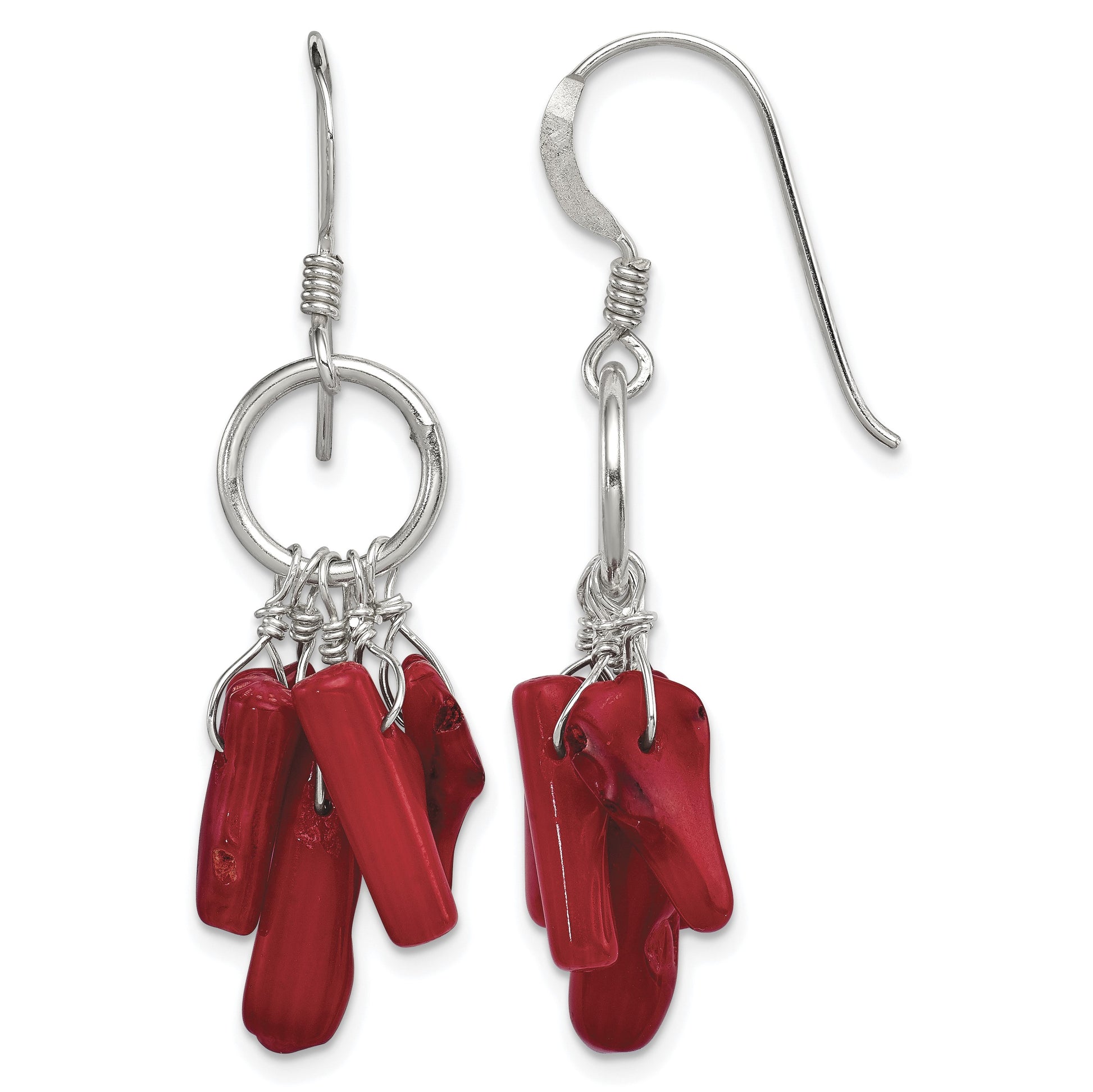 Sterling Silver Polished Red Coral & Circle Dangle Earrings