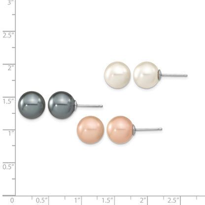 Sterling Silver Rhodium-plated 10-11mm Black, White and Pink Round Imitation Shell Pearl Set of 3 Post Earrings