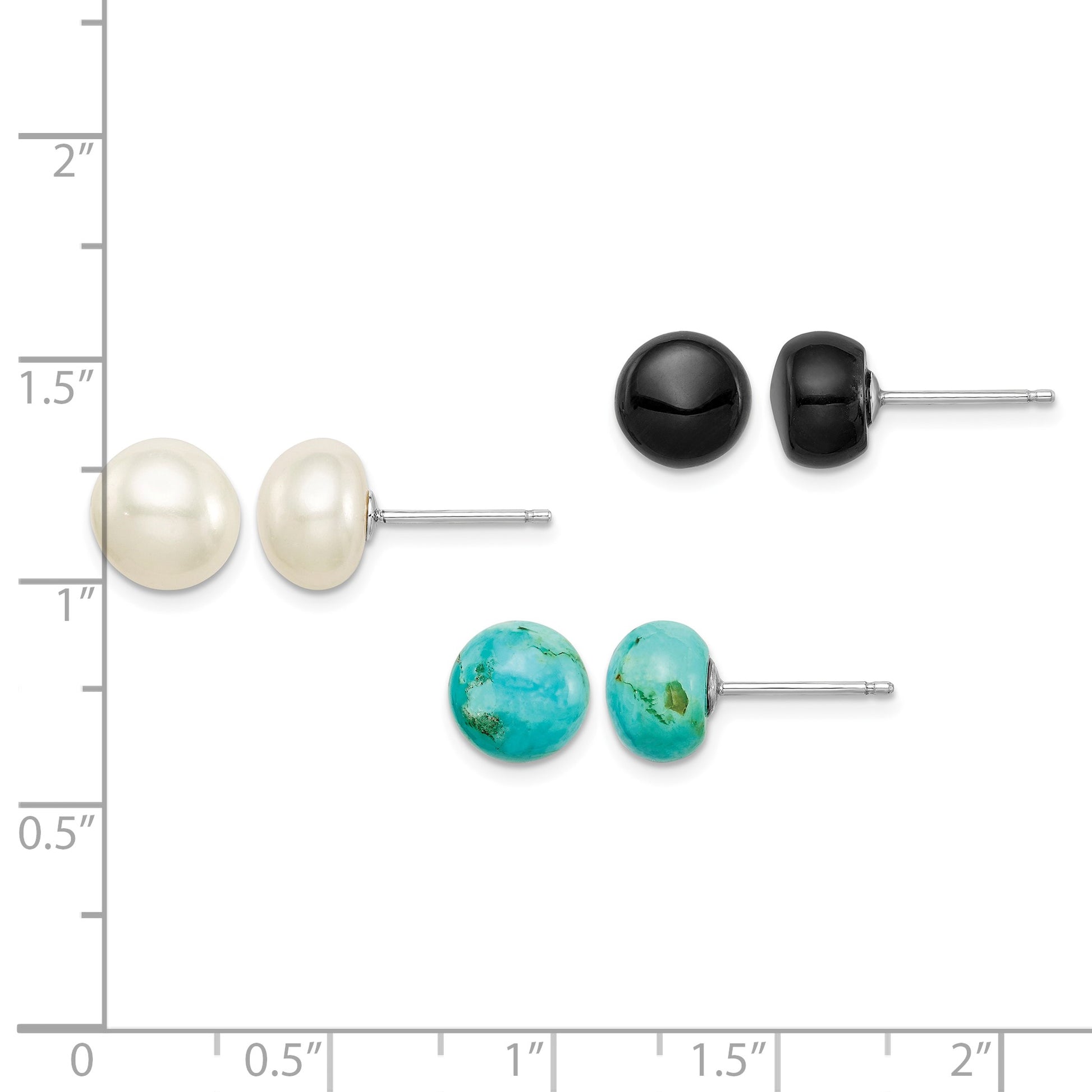 Sterling Silver RH-pltd 8-8.5mm Button FWC Pearl/Stab.Turq/Blk Agate Set
