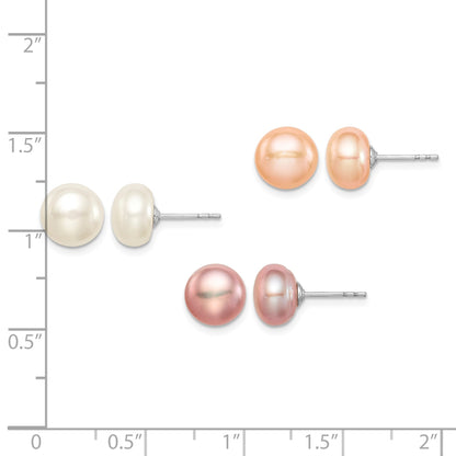 Sterling Silver Rhodium-plated 8-9mm White, Pink and Purple Button Freshwater Cultured Pearl Set of 3 Post Earrings