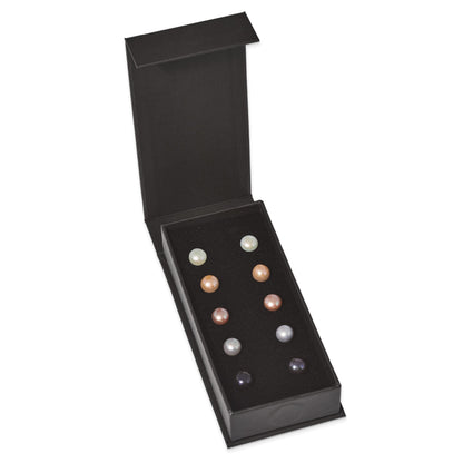 Sterling Silver Rhodium-plated 8-9mm Pink, White, Purple, Grey and Black Button Freshwater Cultured Pearl Set of 5 Post Earrings