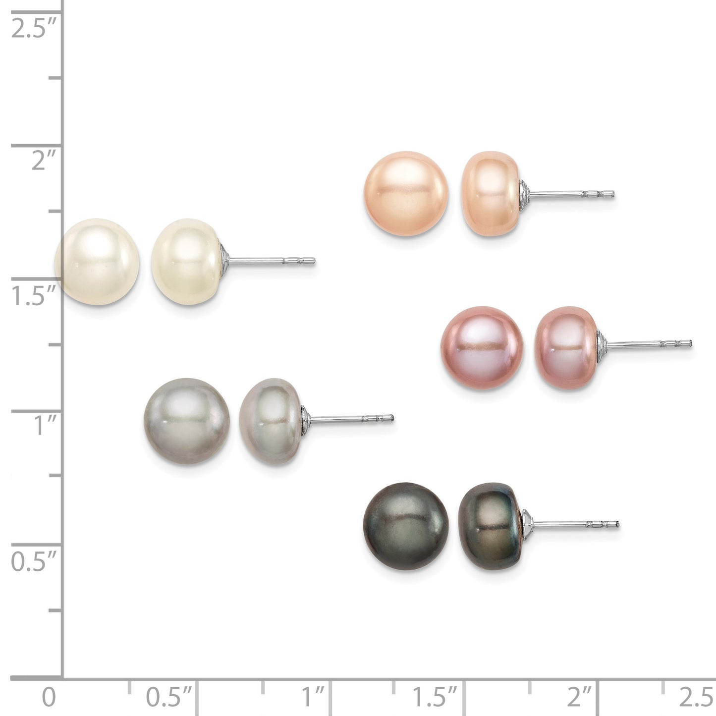 Sterling Silver Rhodium-plated 8-9mm Pink, White, Purple, Grey and Black Button Freshwater Cultured Pearl Set of 5 Post Earrings
