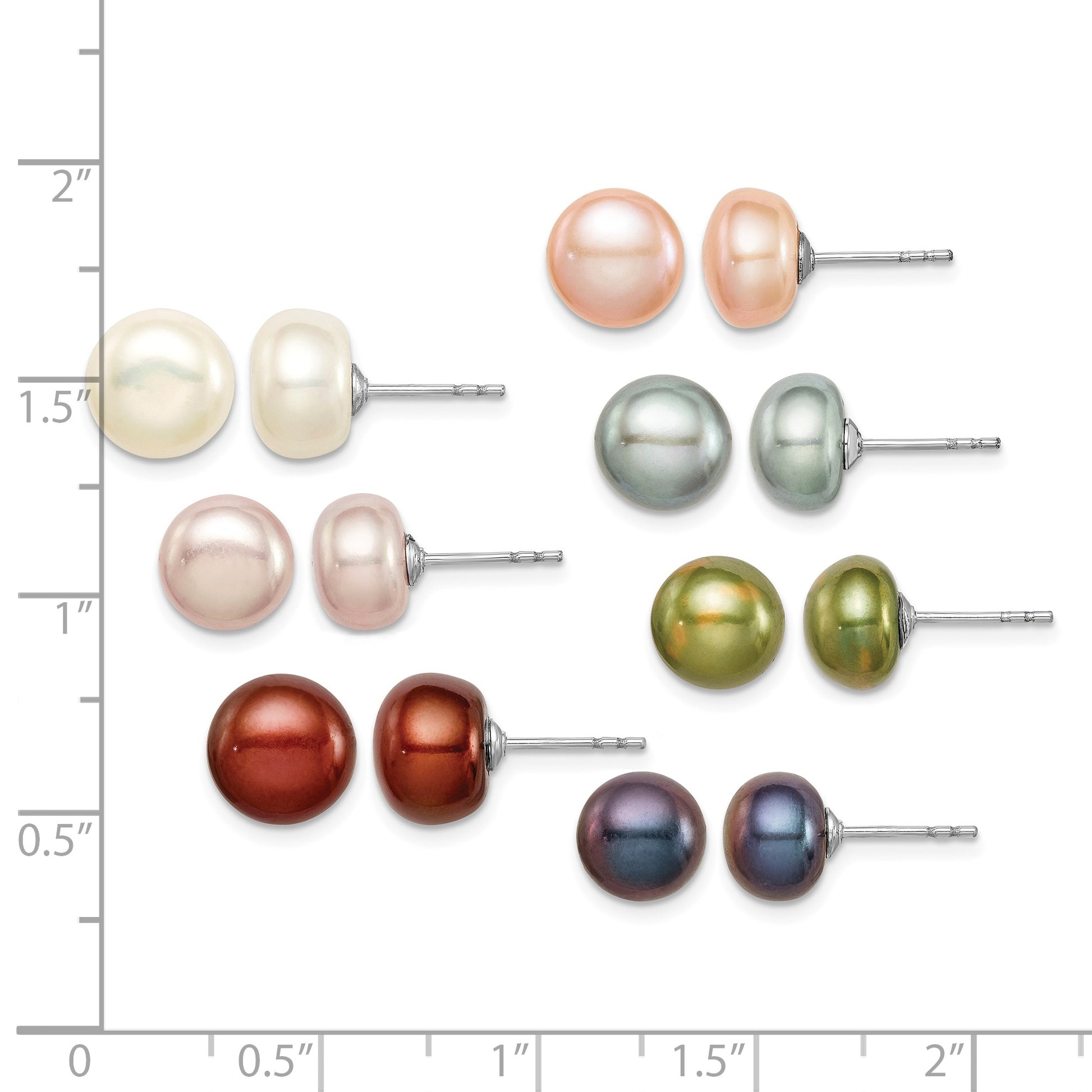 Sterling Silver Rhodium-plated 8-9mm Multi-color Button Freshwater Cultured Pearl Set of 7 Post Earrings
