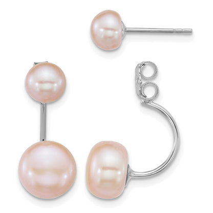 Sterling Silver Rhodium-plated 5-6mm and 8-9mm Pink Button Freshwater Cultured Pearl Front and Back Post Dangle Earrings