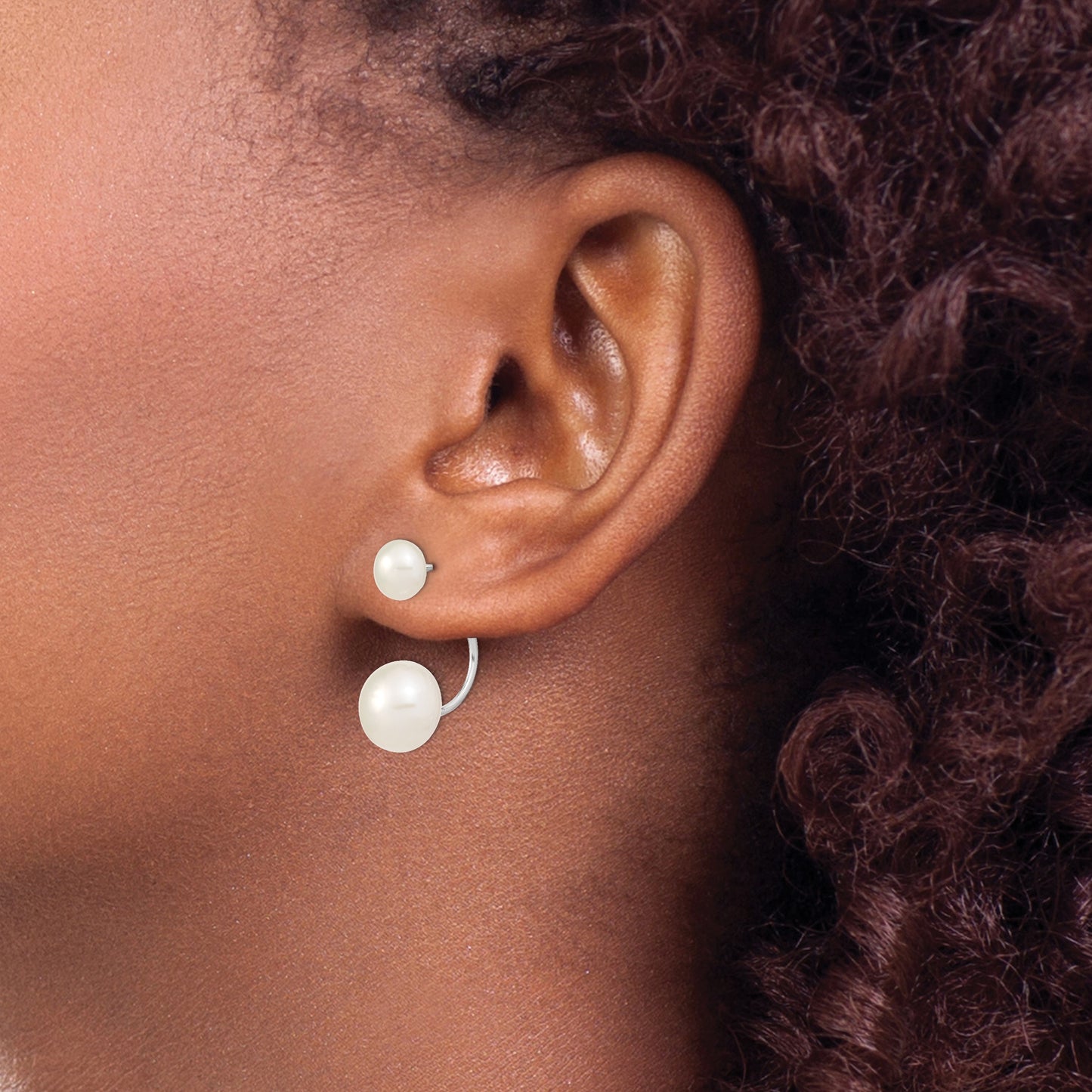 Sterling Silver Rhodium-plated 5-6mm and 8-9mm White Button Freshwater Cultured Pearl Front and Back Post Dangle Earrings