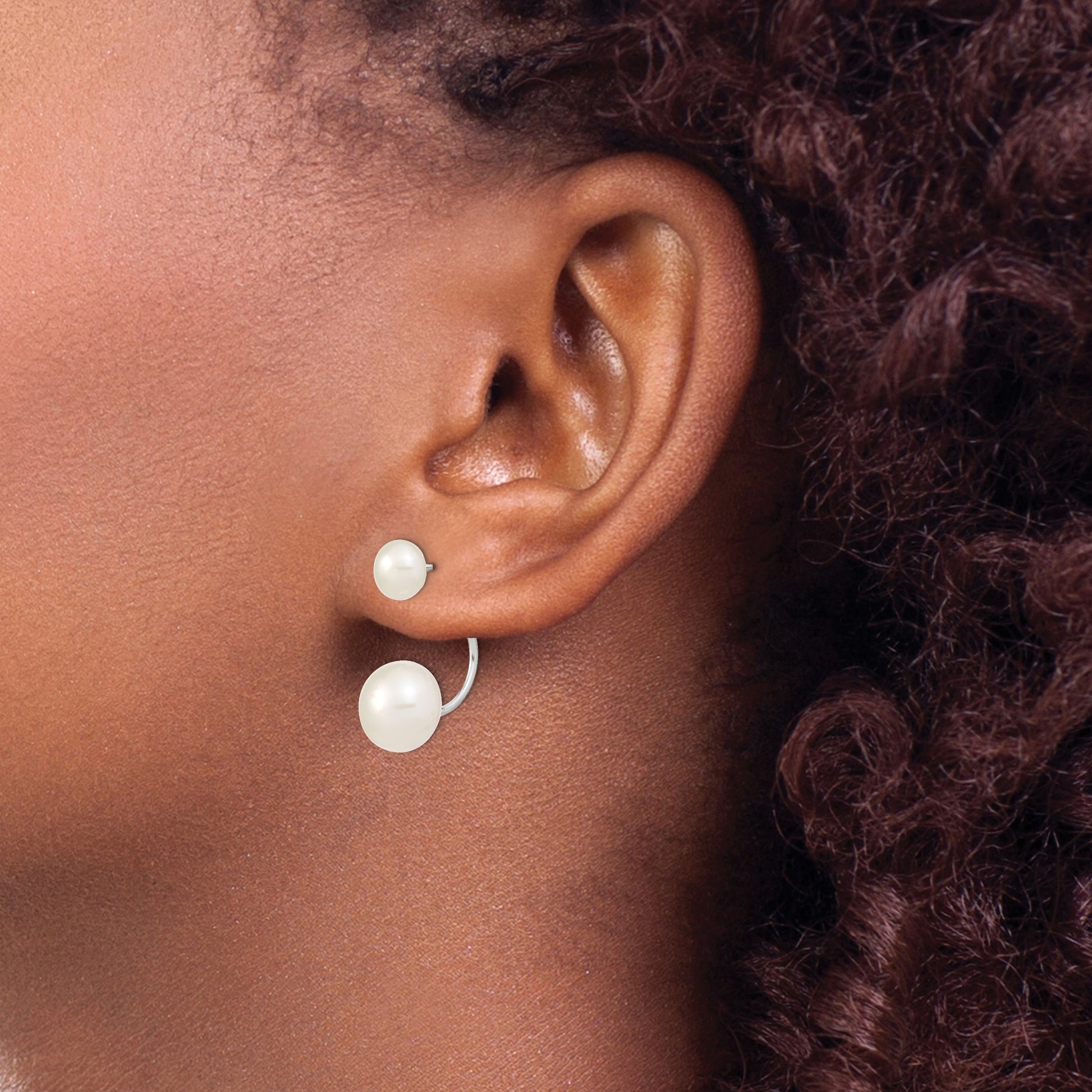 Sterling Silver Rhodium-plated 5-6mm and 8-9mm White Button Freshwater Cultured Pearl Front and Back Post Dangle Earrings