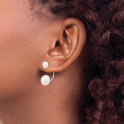 Sterling Silver Rhodium-plated 5-6mm and 8-9mm White Button Freshwater Cultured Pearl Front and Back Post Dangle Earrings