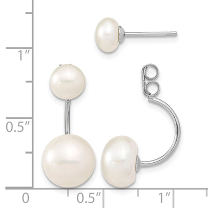 Sterling Silver Rhodium-plated 5-6mm and 8-9mm White Button Freshwater Cultured Pearl Front and Back Post Dangle Earrings