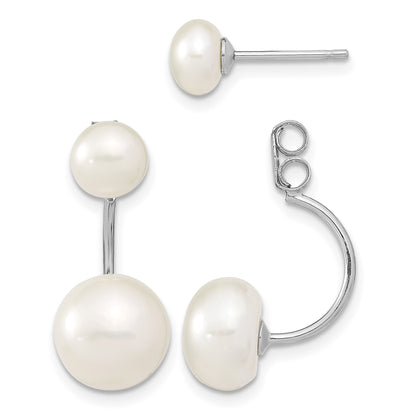 Sterling Silver Rhodium-plated 5-6mm and 8-9mm White Button Freshwater Cultured Pearl Front and Back Post Dangle Earrings