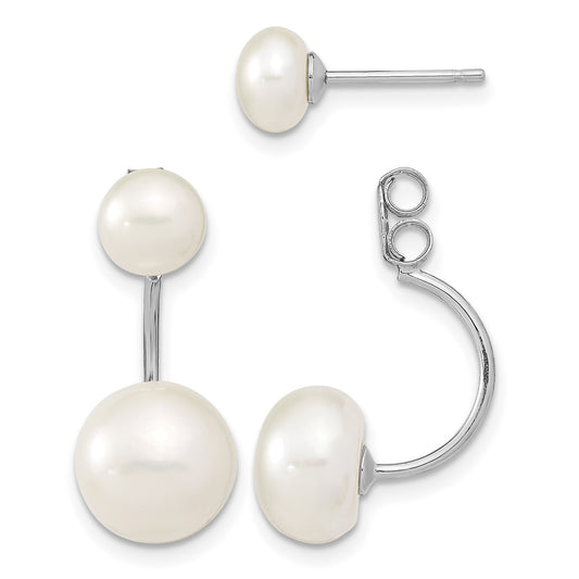 Sterling Silver Rhodium-plated 5-6mm and 8-9mm White Button Freshwater Cultured Pearl Front and Back Post Dangle Earrings
