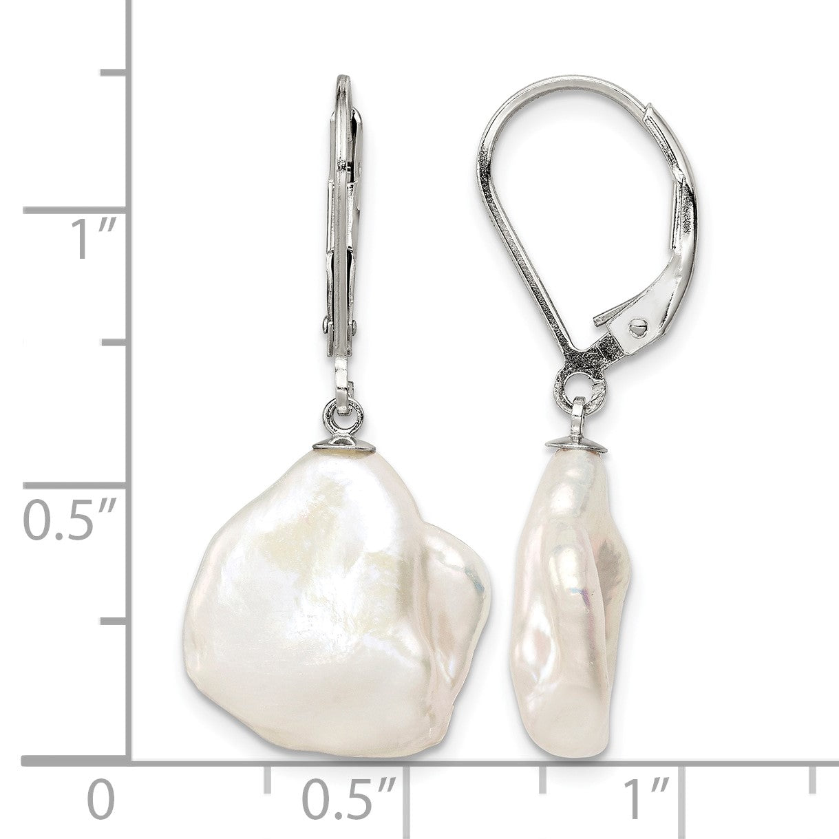Sterling Silver Rhodium-plated 13-15mm White Keshi Freshwater Cultured Pearl Leverback Dangle Earrings