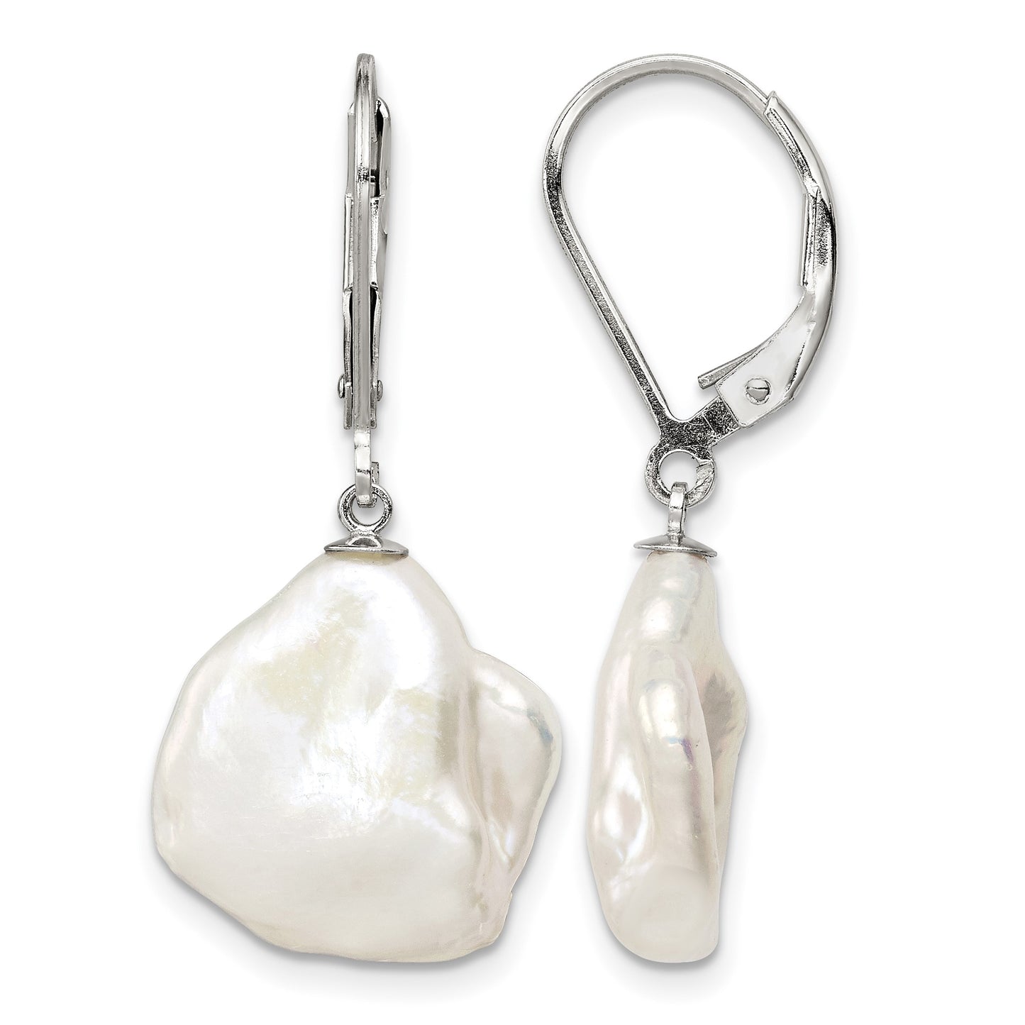 Sterling Silver Rhodium-plated 13-15mm White Keshi Freshwater Cultured Pearl Leverback Dangle Earrings