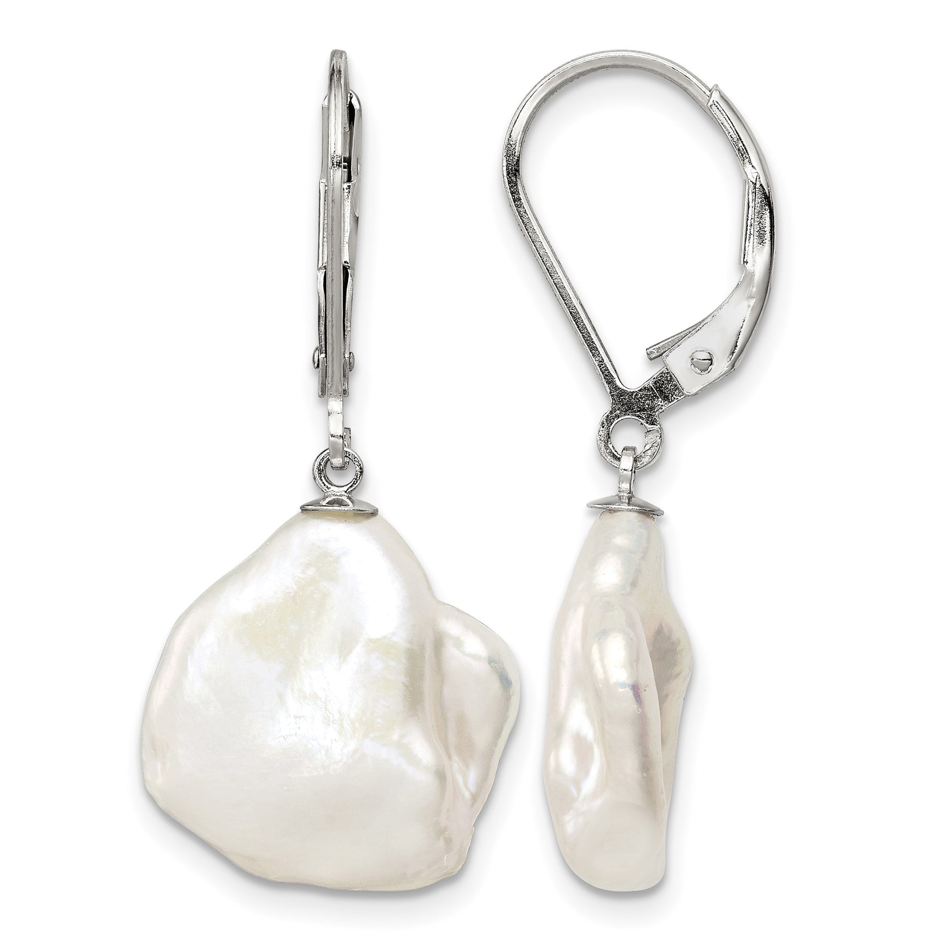 Sterling Silver Rhodium-plated 13-15mm White Keshi Freshwater Cultured Pearl Leverback Dangle Earrings