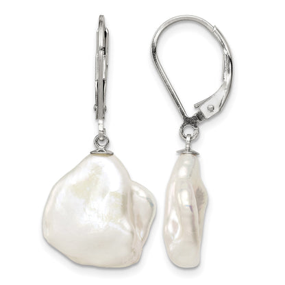 Sterling Silver Rhodium-plated 13-15mm White Keshi Freshwater Cultured Pearl Leverback Dangle Earrings