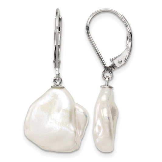 Sterling Silver Rhodium-plated 13-15mm White Keshi Freshwater Cultured Pearl Leverback Dangle Earrings