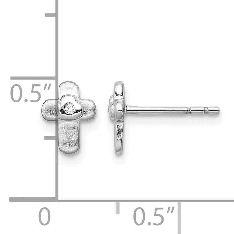 Sterling Silver Rhodium-plated Polished CZ Cross Children's Post Earrings