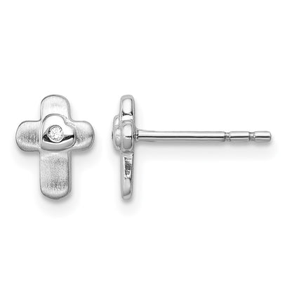 Sterling Silver Rhodium-plated Polished CZ Cross Children's Post Earrings