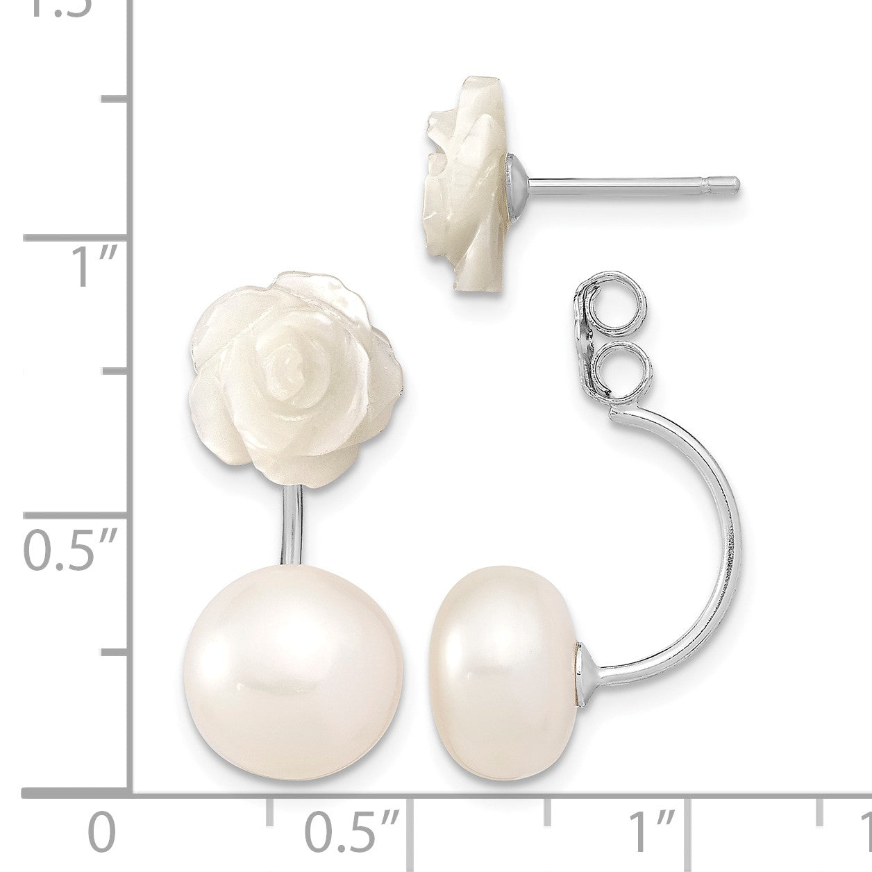Sterling Silver Rhodium-plated 8-9mm White Button Freshwater Cultured Pearl and Mother Flower Front and Back Post Earrings